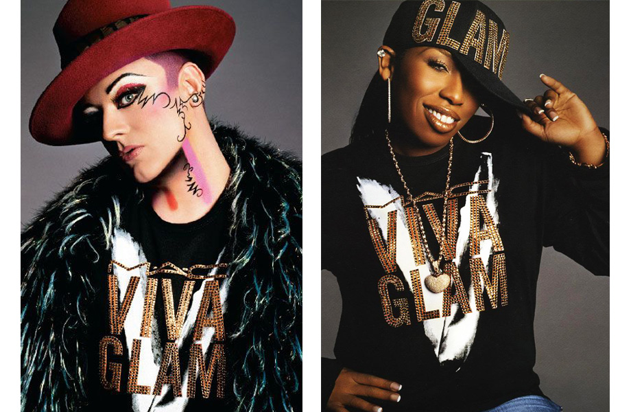 Рекламная кампания MAC Viva Glam V с Бой Джорджем слева и рекламная кампания MAC Viva Glam V с Мисси Элиот справа