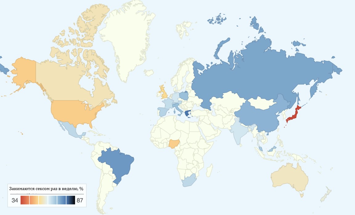 Карта: как часто люди занимаются сексом в разных странах мира