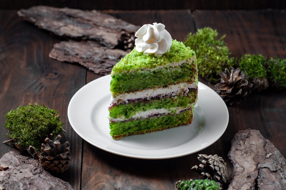 Новогодний торт «Лесной мох» с творожной начинкой