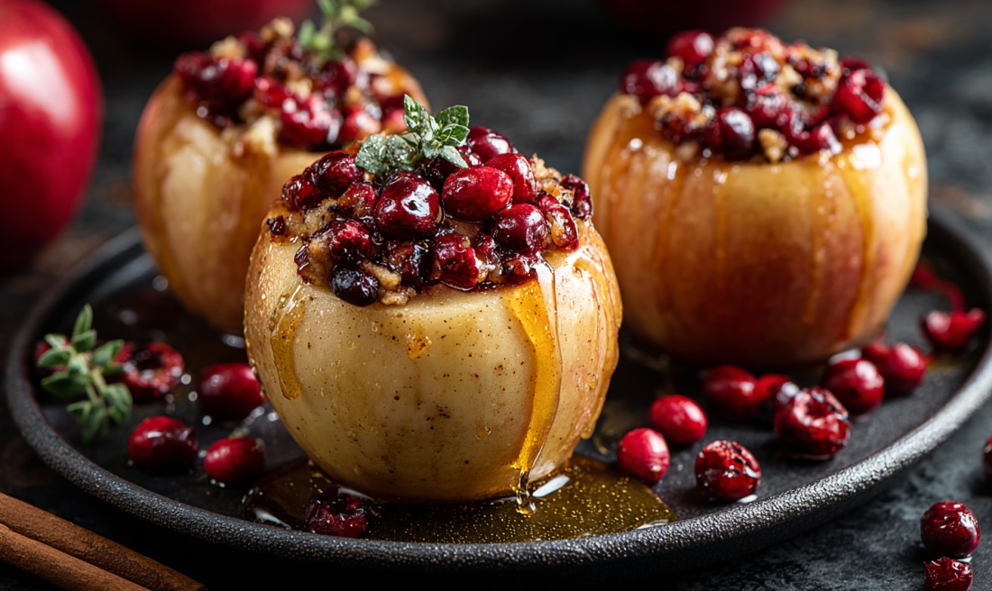 різдвяні рецепти, Яблука, запечені з журавлиною, горіхами та корицею рецепт