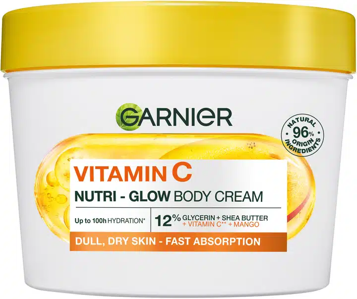 Garnier, Зволожувальний крем Vitamin C Nutri-Glow з вітаміном С та ароматом манго з ефектом сяяння для тьмяної сухої шкіри тіла, рук та ніг 