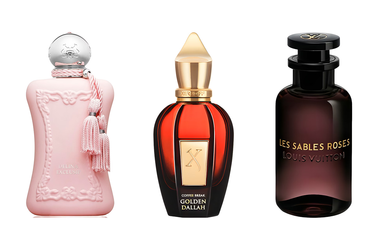 аромати Golden Dallah від Xerjoff, Les Sables Roses від Louis Vuitton та Delina Exclusif від Parfums de Marly