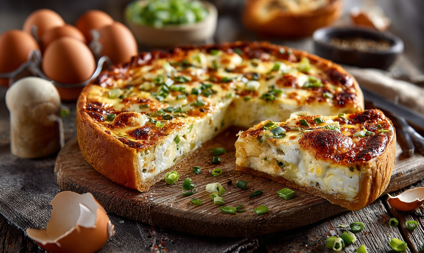 Заливний пиріг з яйцем та цибулею