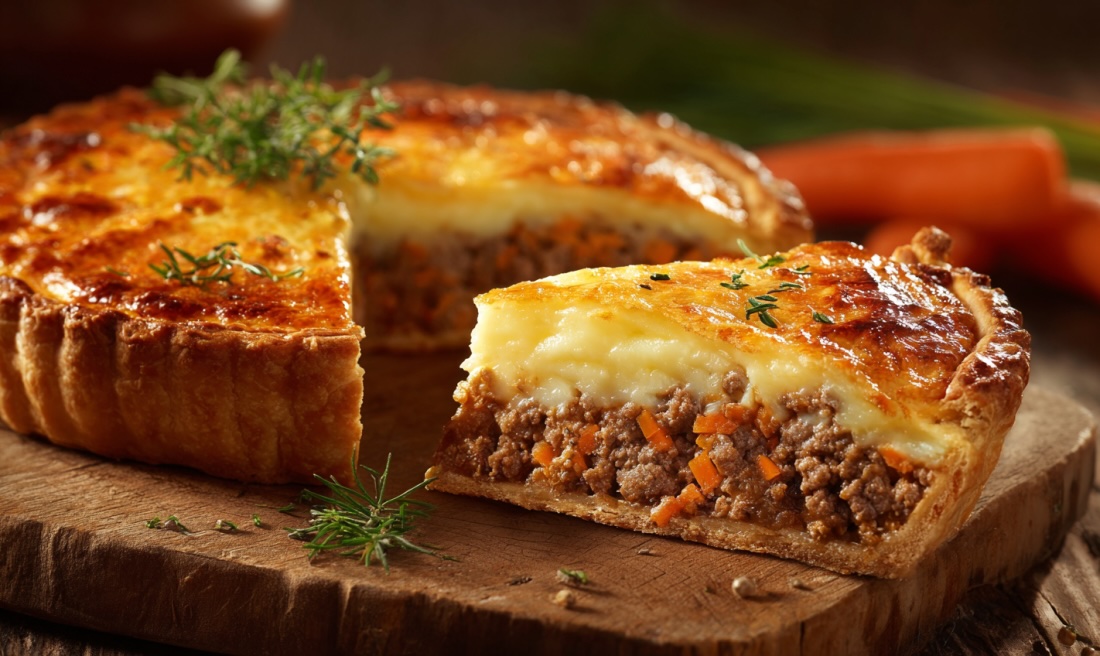 Заливний пиріг на сковороді з мʼясною начинкою